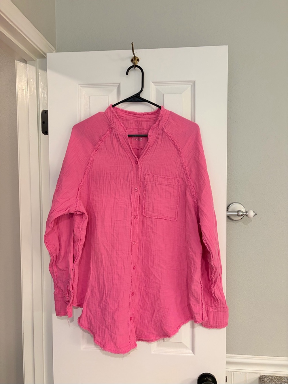 Aerie Gauze Button Down Shirt XS Hot Pink Cotton Raw Hem Boho